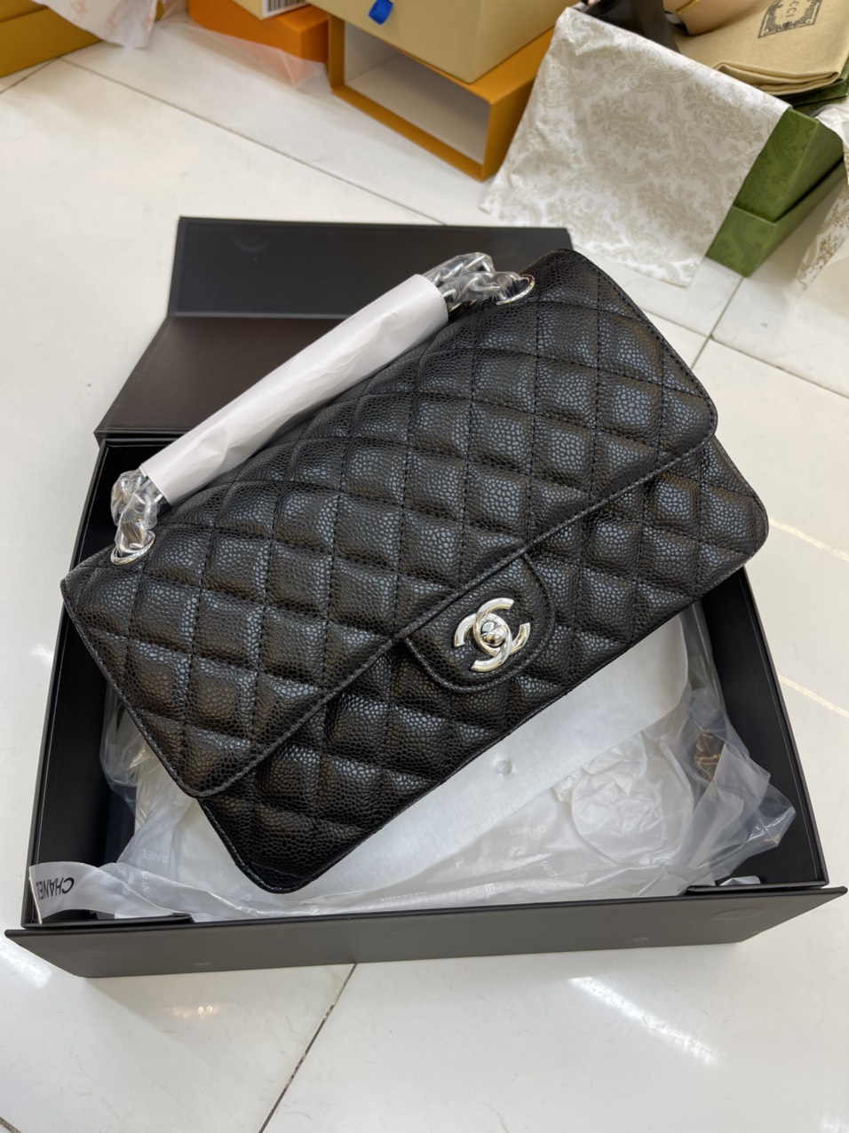 Túi Xách Chanel Super Classic Da Hạt Khóa Bạc 25CM